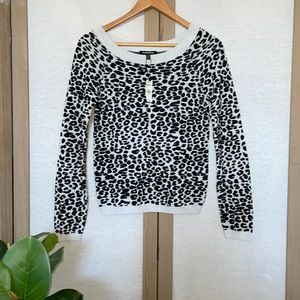 Express leopard print pullover long sleeve sweater, small, white/black